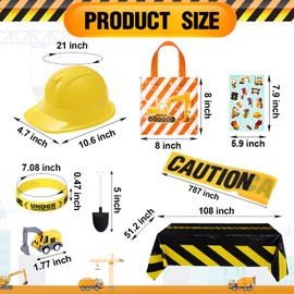 148 Pcs Construction Birthday Party Supplies Include 12 Construction Hats, 24 Construction Toys, 12 Construction Stickers, 12 Silicone Bracelet, 12 Goodie Bag, 24 Stamps, 50 Shovels, Tablecloth, Tape