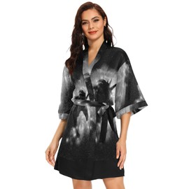 Women Kimono Satin Silk Robes, Pajamas Sleepwear Shawls Nightwear Short Bathrobe Nightgown Dressing Gown for Wedding Bridesmaid M Print A Unicorn Silhouette in a Galaxy Nebula Cloud