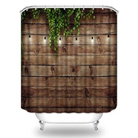 BIYSUC Rustic Wooden Board Shower Curtain Green Leaves on Farmhouse Vintage Wood Grunge Planks Barn House Door Country Life Waterproof Polyester Fabric 72x72 inchs with 12pcs Plastic Hooks
