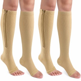 CASMON 2 Pairs Zipper Compression Socks for Women & Men, 15-20 mmHg Open Toe Knee High Support Socks for Varicose Vein Edema