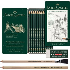 Faber-Castell Castell 9000 119064 Pencil Set of 12 5B - 5H + 2 Different Erasers and PVC-Free Eraser