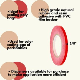 PSBM Industrial Poly Bag Tape with Bag Tape Dispenser, Red, 3/8 Inch x 180 Yards, 6 Pack, 2.3 Mil, Colored Sealer Tape for Dispenser Refill, Bags, Polybags, Produce, Wrapping, Freezer