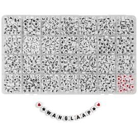 WangLaap 1450Pcs Letter Beads, Acrylic 4x7mm Round Letter Beads Kits, Alphabet Beads A-Z and Red Heart Black Star Beads for Bracelets Necklaces DIY Jewelry Making (White)