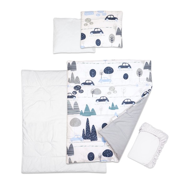 5 Piece Baby Bedding Duvet Pillow with Covers & Jersey Sheet fits 95x65cm Travel Cot (Cars)