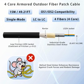 15M/49FT Outdoor Armored LC to LC Fiber Optic Cable, 4 Core OS2 Single Mode 9/125μm, Industrial TPU Jacket, OD 5mm, 4 Strands, SMF, Direct Burial, Heavy-Duty LC-LC Patch Cord for Harsh Environments