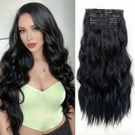 Clip in Hair Extensions Real Human Hair - Black 22 Inch Wavy 200g Thick 4PCs Set (1B Jet Black) for Daily Wear with Breathable Clips & Salon-Approved Density
