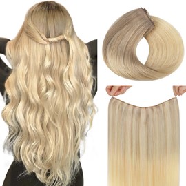 hotbanana Wire Hair Extensions, 12 inch 70g Ash Blonde to Golden Blonde and Platinum Blonde Fish Line Hair Extensions Real Human Hair Straight Invisible Remy Hair Human Extension