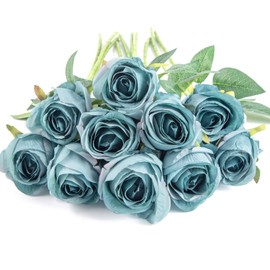 Flojery 10pcs Artificial Rose Flowers Long Stem Fake Silk Roses for DIY Wedding Bouquet Table Centerpiece Home Decor (Blue)