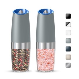 KIARYUOLL Gravity Electric Salt And Pepper Grinder Set, Automatic Salt And Pepper Grinder Set, Battery Powered (6 AAA Batteries Each), Adjustable Roughness, LED Light, 2 Pack, (Light Grey)