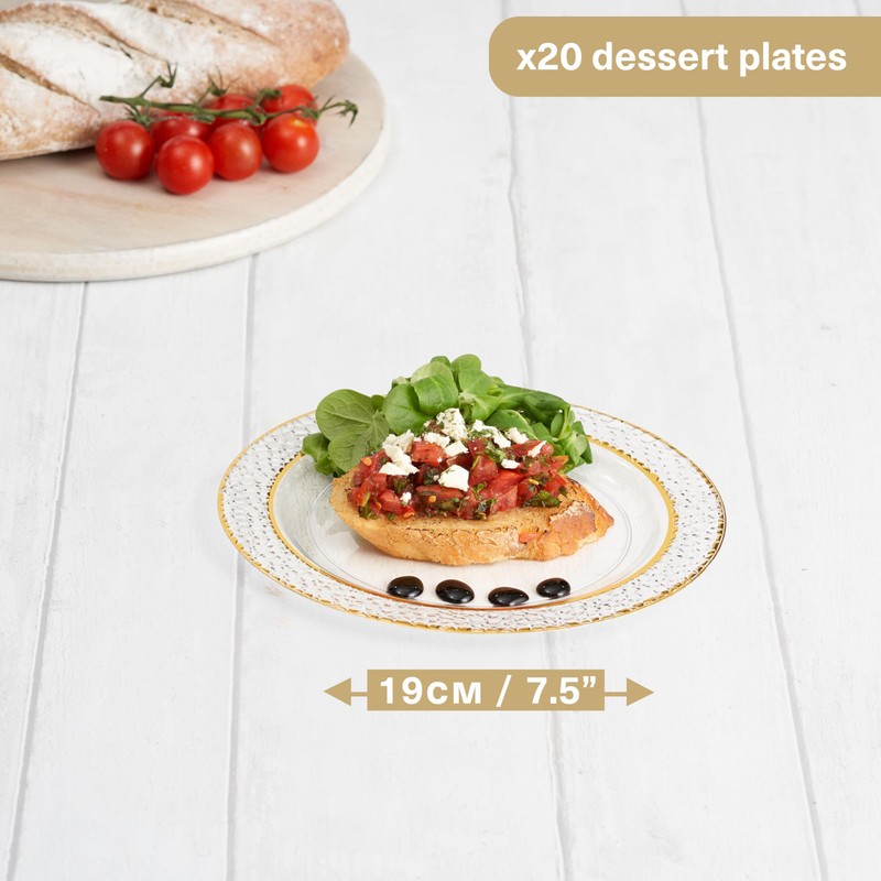 MATANA 20 Premium Clear Plastic Dessert Plates with Gold Rim,