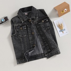 Ledy Champswiin Denim Vest Kids Girl Boy Fashion Coats Turn Dwon Collar Sleeveless Jackets Trendy Outwear (Black, 3-4 Years)