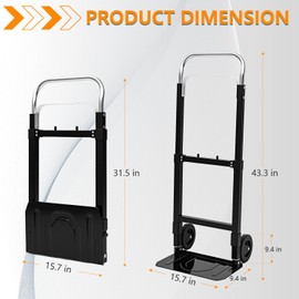 SST Folding Hand Truck with Wheels, 220 LB Capacity Portable Dolly Cart, Utility Cart with Adjustable Handle, Collapsible Dolly for Moving Travel Shopping Airport Office