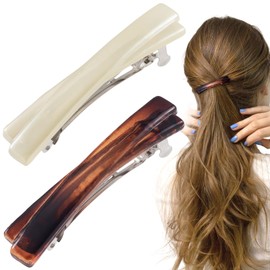 STSTR 2PCS French Barrette Hair Clips for Women, 2.56 Inch Small Tortoise Shell Hair Clip, Curved Glossy Thin Hair Flat Hair Accessories for Women (White, Amber)