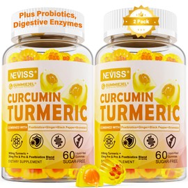 Sugar Free Turmeric Curcumin Filled Gummies 550mg for Adults, Ginger & Black Pepper | 95% Curcuminoids w/Prebiotic Probiotic & Postbiotic Blend, Support, Immune & Digestive Health, Vegan, 2Pack
