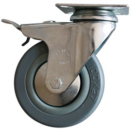 Revvo Caster D Series Plate Caster, Swivel with Brake, Rubber Wheel, Plain Bearing, 110 lbs Capacity, 2" Wheel Dia, 23/32" Wheel Width, 2-11/16" Mount Height, 2-3/8" Plate Length, 1-1/2" Plate Width