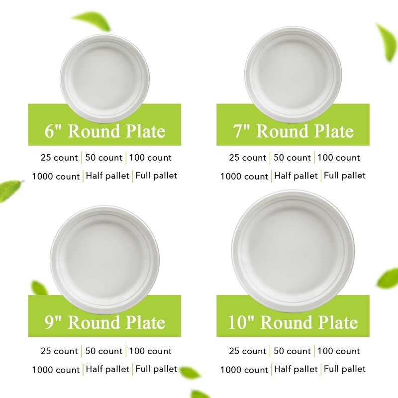 three leaf 9" BAGASSE ROUND PLATE, 25 Ct. Heavy-Duty- Super