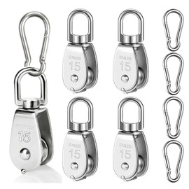 Pack of 4 M15 Pulley, Stainless Steel Pulley for Ropes, Pulley Steel Cable with 4 M4 Carabiner Pulley Small Load Capacity 35 kg for Awning Fitness Winch