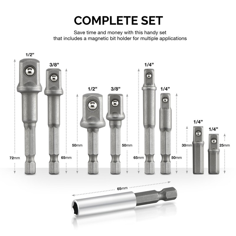 NEIKO 00257 Socket Adapter Extension Drill-Bit Set, Includes 1/4-, 3/8-,