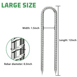 Ground-Stakes-Heavy-Duty-12 inch, U-Hook Rebar Stakes Galvanized Anti-Rust 6pcs Garden Stakes Metal Ground Anchors for Garden Dog Fence Chicken Coop Tent Trampoline Accessories Deer Fence