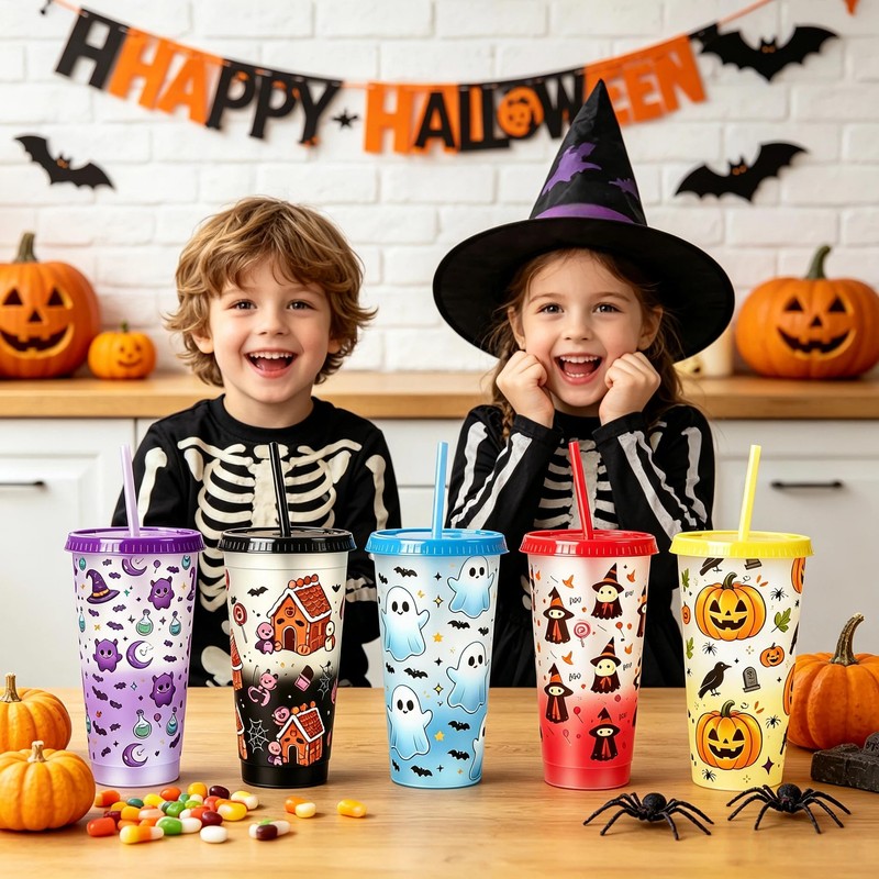 dididudi 5PCS Halloween Color Changing Cups, 710ML Iced Plastic Drink
