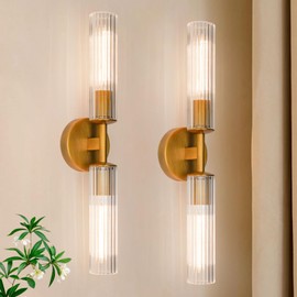 Brass Wall Sconces Set of Two, Clear Ribbed Glass Tube Sconces, Brushed Gold Bathroom Wall Lighting, Vintage Vanity Mirror Wall Lights Set of 2, Wall Lights for Living Room Stairs (Bulb Included)