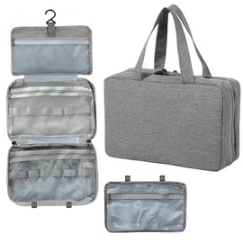 Hang Travel Toiletry Bag Hanging Traveling Large 4 Compartments Bags Make up Bag Organizer Portable Foldable Cosmetic Bag Hook Waterproof Women Wash Bag for Travel Business Trip Vacation Gray