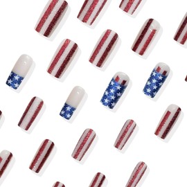 4th of July Nails Long Square Press on Nails Blue Red White Fake Nails with USA Flag Designs Independence Day Glitter False Nails Glossy Full Cover Glossy Glue on Nails for Women Nails 24 Pcs