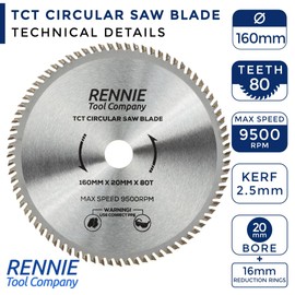 Rennie Tools - 160mm x 20mm Bore x 80T TCT Circular Wood Saw Blade. Fits Bosch Festool TS55 Makita Ryobi Dewalt Circular Saws etc, 160mm Circular Saw Blade Also Fits 165mm Circular Saws