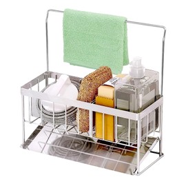 Sink Organiser, Stainless Steel Sponge Holder, Kitchen Organiser (with Drip Tray, Towel Holder, No Drilling, Sink Worktop, Space-saving)