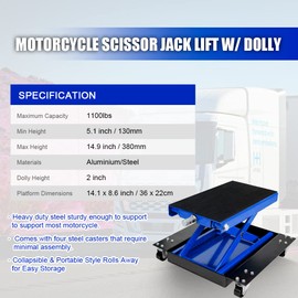 HPDMC Motorcycle Scissor Jack w/Wheels 1100lbs Steel Wide Deck ATV Motorcycle Scissor Lift with Dolly and Hand Crank