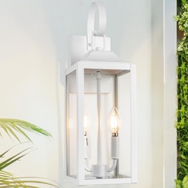 Yolsunes 19" White Outdoor Wall Lantern 2-Light, Large Modern Wall Sconce Light Fixture, Industrial Porch Light with Glass, Waterproof Farmhouse Exterior Lamp