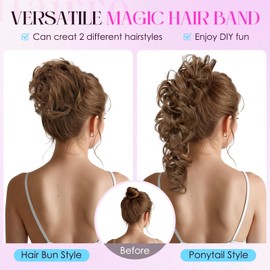 Hairro Messy Bun Hair Piece Remy Human Hairpiece DIY Wrap Around Bun Versatile Tousled Updo Scrunchy Curly Magical Long Hair Band Up-do Faux Chignons Ponytails For Women 32g #06 Light Brown
