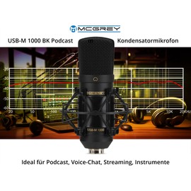 McGrey USB-M 1000 BK Podcast Condenser Microphone - Perfect for Podcast, Streaming, Gaming - 14 mm back electret condenser capsule - directional pattern - frequency response: 20 Hz - 17 kHz - black