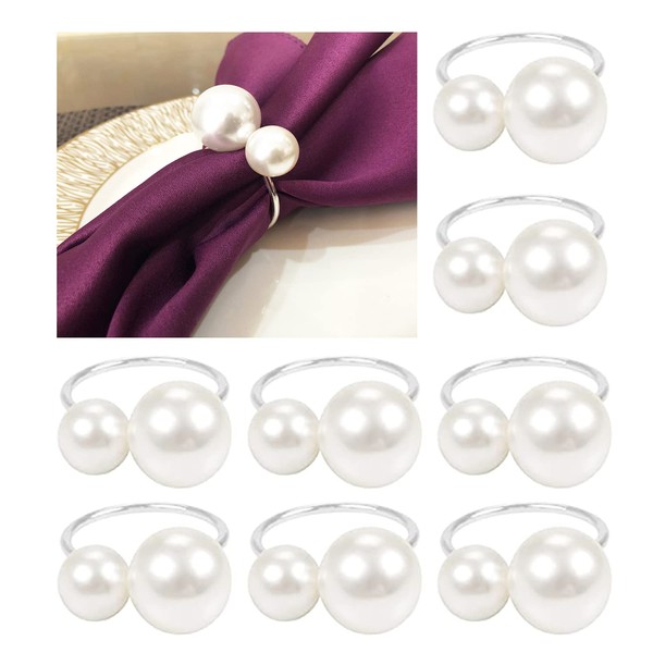 Pearl Napkin Ring Buckle, Silver Gold Service Buckle Holder for Christmas Family Gatherings, Dinner Party, Wedding Decoration (Silver-8 PCS)