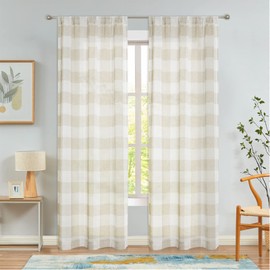 Amzdecor Tan Buffalo Plaid Curtains Linen Textured Sheer Panels Buffalo Check Plaid Rod Pocket Rustic Window Treatment Sets for Living Room Bedroom,2 Panels, 40''x63'', Tan/Beige