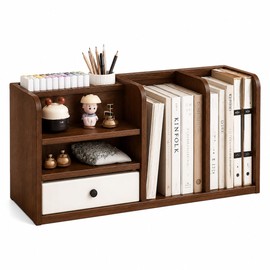Desktop Organizer with Drawer & Dual File Compartments, Multi-Functional MDF Desk Storage Rack with 3-Tier Shelves and Pen Holder, Space Saving Desk Organizer 22.0×10.6×6.7 Inch for Study Room