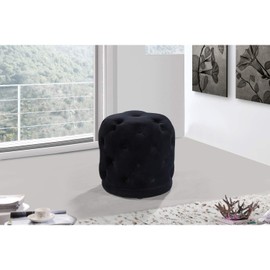 Meridian Furniture Harper Collection Modern | Contemporary Velvet Upholstered Ottoman / Stool with Deep Button Tufting, Solid Wood Frame, Black, 18" W x 18" D x 17" H