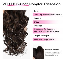REECHO Ponytail Extension, 24" Claw Clip in Long Curly Wavy Ponytail Hair Extension Jaw Clip on Pony Tails Hairpiece for Women - Dark Chocolate Brown with Highlights