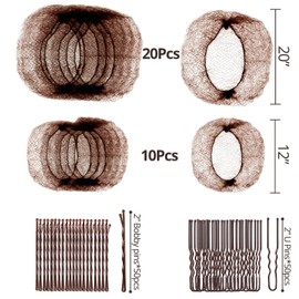 whisrvival 130pcs Hair Bun Accessories, 30pcs Invisible Hair Nets for Buns(20'' & 12''), Dance HairNets for Ballet Girls/Women, Secure & Natural 100pcs Bun Bobby Pins(2"), Brown