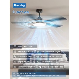 Passky Ceiling Fans with Lights, 52 inch Sleek Ceiling Fan with Light and Remote Control, 3CCT, Dimmable, Reversible, Noiseless, Black Ceiling Fan for Bedroom, Living Room