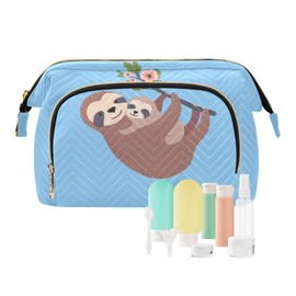 Kjovgcb Women Wave Quilt Cosmetic Bag, Zipper Toiletry Storage 10.2x5.9x6.7 in, Pouch Handbag Makeup Case Purse Holder Organizer Print Sloth With On Tree Trunk With Flowers