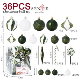 Christmas Tree Ornaments 36 pcs Multi-Size Candy Cane Shatterproof Ball Ornaments Set for Christmas Holiday Wreath & Party Decorations,Dark Green