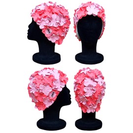CHEX Anzio Thermal Rubber Floral Ladies Classic Retro 3D Flower Petal 2 Colour Stylish Vintage Swimming Hat Swim Cap Generous One Size Adults (Hot Pink/Pastel Pink)