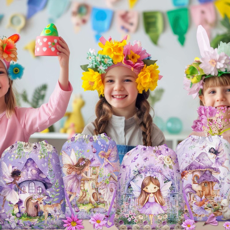 12 Pcs Purple Mushroom House Drawstring Non-Woven Bag Fairy Drawstring