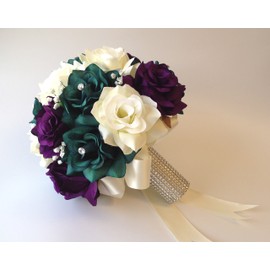 Angel Isabella 10" Large Bouquet-Purple,Teal,Ivory Artificial Roses-Rhinestone and Baby Breath Accents