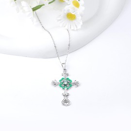 Helonley Clover Cross Moissanite Necklace - 925 Sterling Silver Four Leaves Clover Cross Moissanite Pendant Necklace Green Moissanite Jewelry ST.Patrick's Day Gift