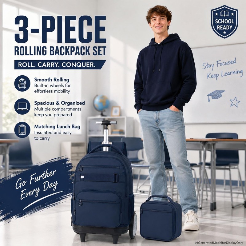 FTJCF 3Pcs Large Wheels Rolling Backpack for Boys Men, 20