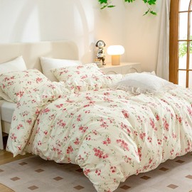 Freyamy Flower Bed Linen 200 x 220 cm 3-Piece Beige Pink Leaves Plants Floral Reversible Bedding Sets 100% Microfibre Floral Pattern Girls Duvet Cover with Zip and 2 Pillowcases 80 x 80 cm