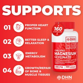 160 Capsules of Pure Chelated Magnesium Glycinate - Promotes Sleep, Relaxation, Energy Metabolism, Health Functions, Muscle & Tissue Formation - Not a Magnesium Blend - Canadian Made, Quality Assured