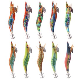 Luminous Squid Jig Hook Saltwater Fishing Lures Kit 10pcs Luminous Hard Lure Baits Artificial Squid Jig Hooks Prawn Shrimp Fishing Lures for Octopus Cuttlefish(2.5#-10pcs)